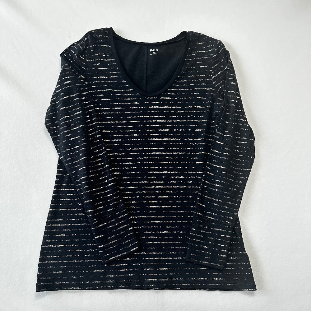 ANA A New Approach Women’s Black Long Sleeve Gold Metallic Stripe T-Shirt Size M